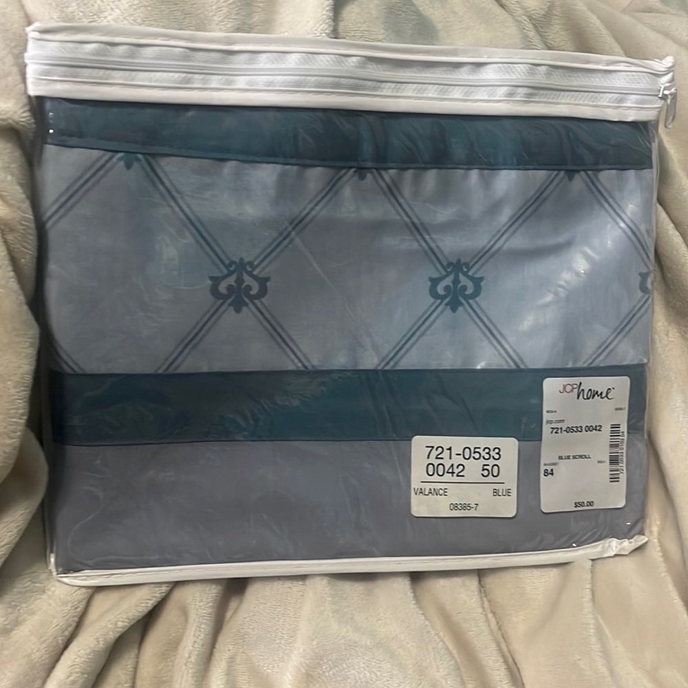 NEW: JCPenney Home Valance - Blue Scroll, 84”x9”JCP
